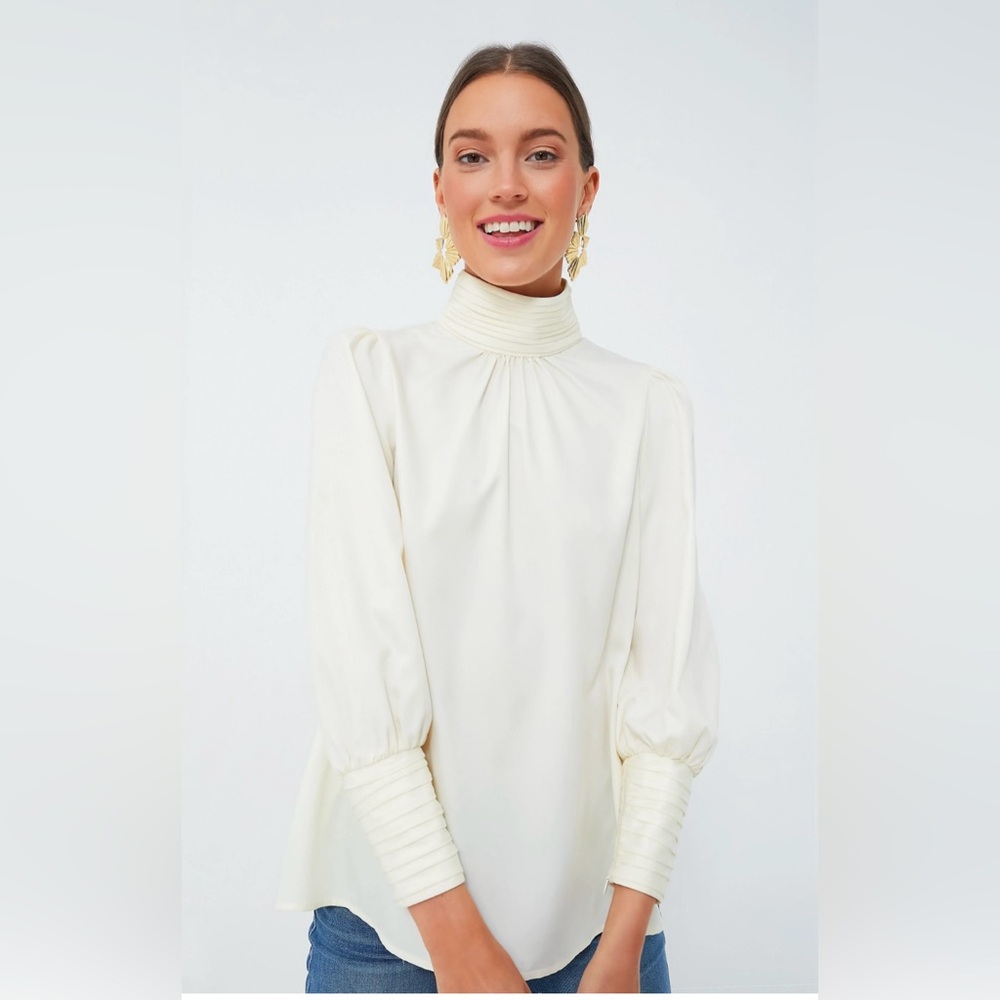 NWT Tuckerneck Cream Faven Blouse Zip Sleeves High Neck Satin Size XL NEW